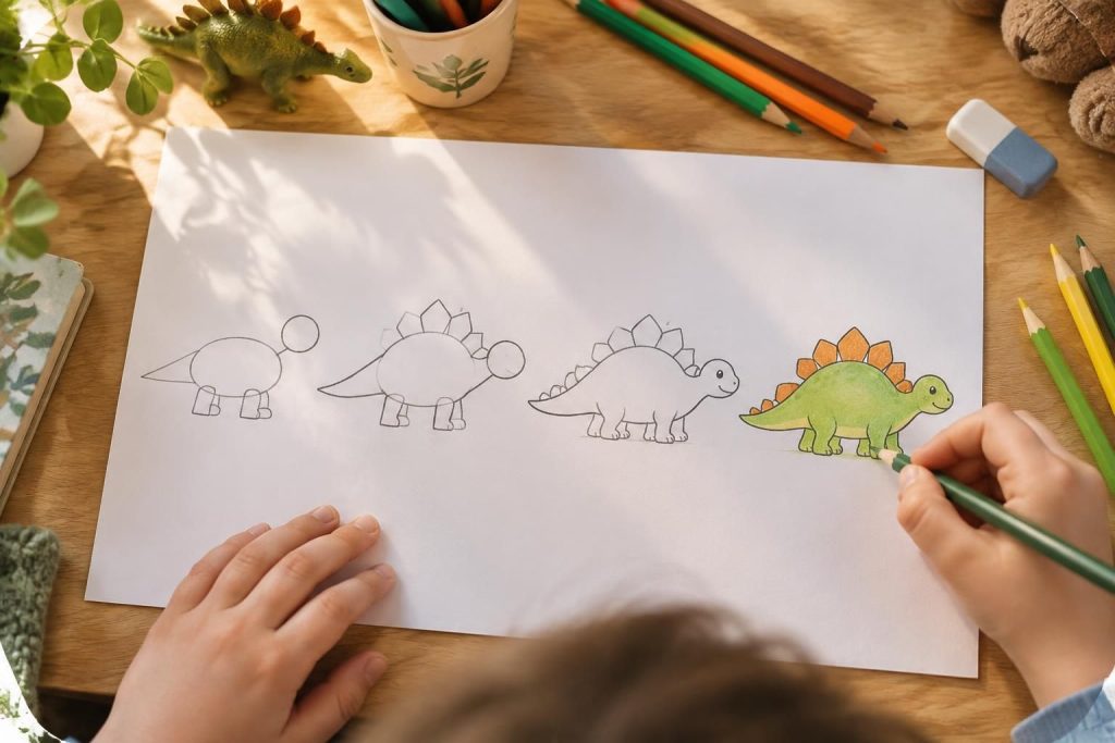 apprenez à dessiner un dinosaure facilement grâce à ce tutoriel étape par étape, idéal pour les enfants et les débutants.